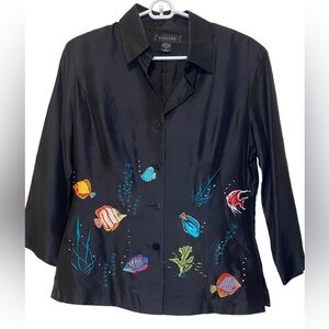Silkland Black Embroidered Fish Button-Up Blouse